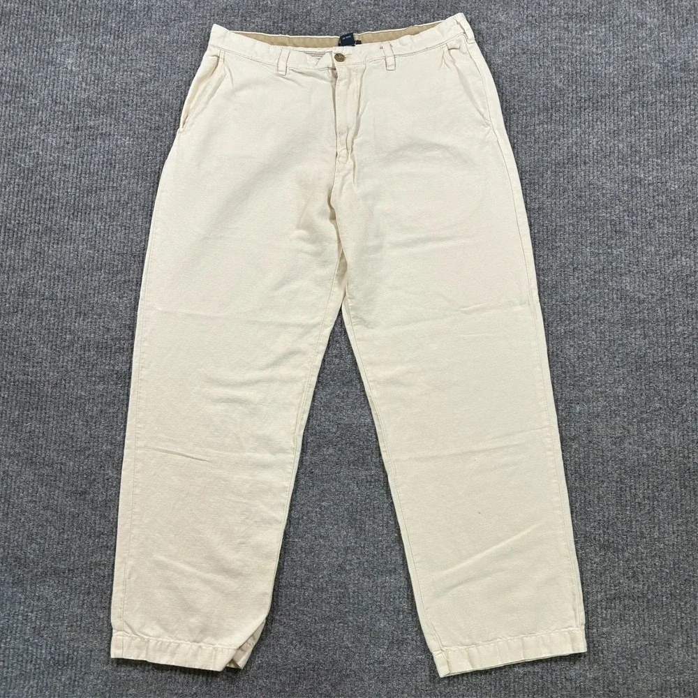 IZOD Mens Chino Pants Size 36x32 Beige‎ Cotton Linen Flat Front Mid Rise